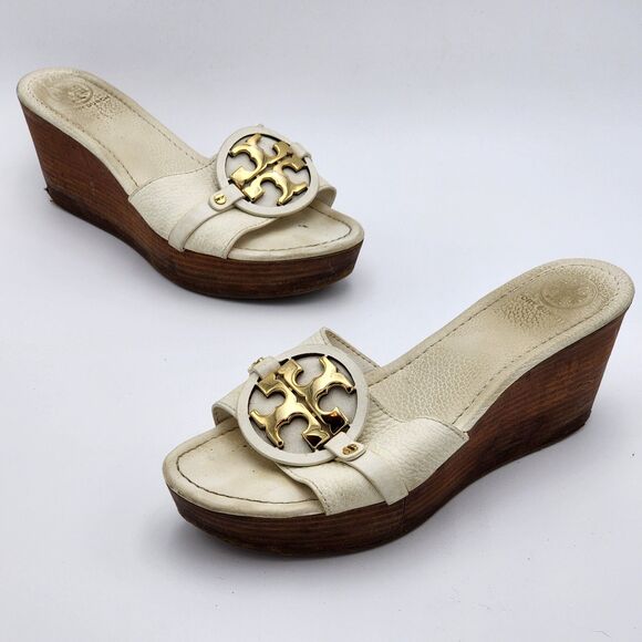 Tory Burch Selma White Leather Wedge Slides Sandals Size 10 - Picture 1 of 12